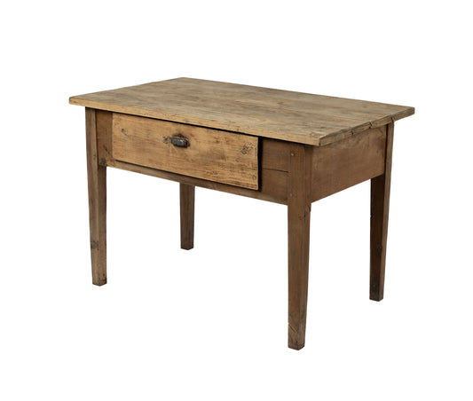 Charming antique French pine table with drawer and original hardware. Discovered in Provence