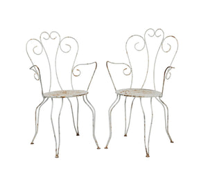 Pair of Vintage French Wrought Iron Outdoor armchairs with white painted patina