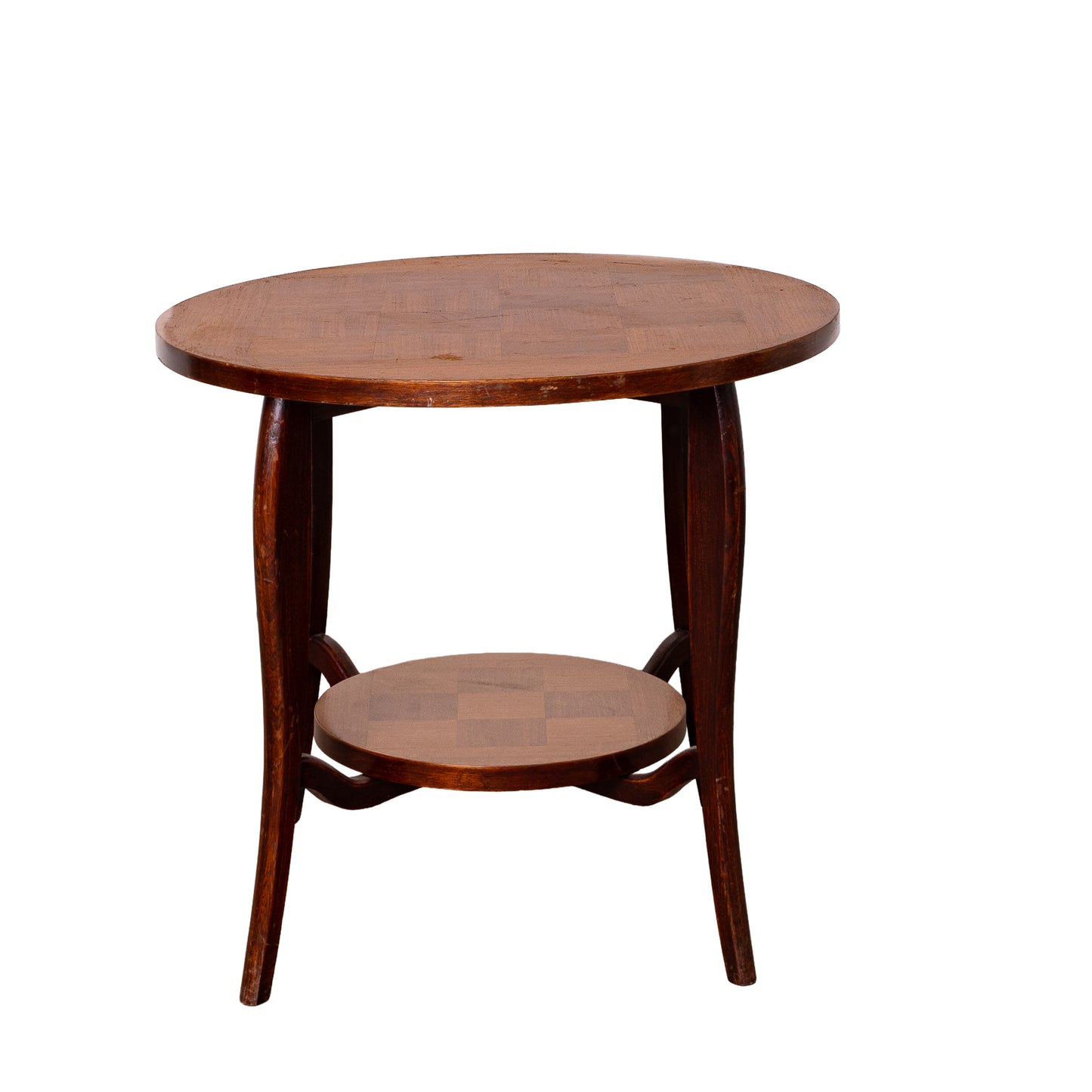 Vintage parquetry top side table with lower shelf from Annecy