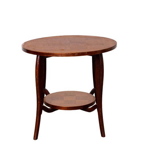 Vintage parquetry top side table with lower shelf from Annecy