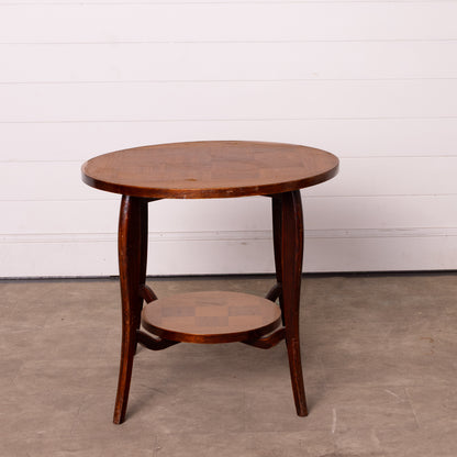 Vintage parquetry top side table with lower shelf from Annecy