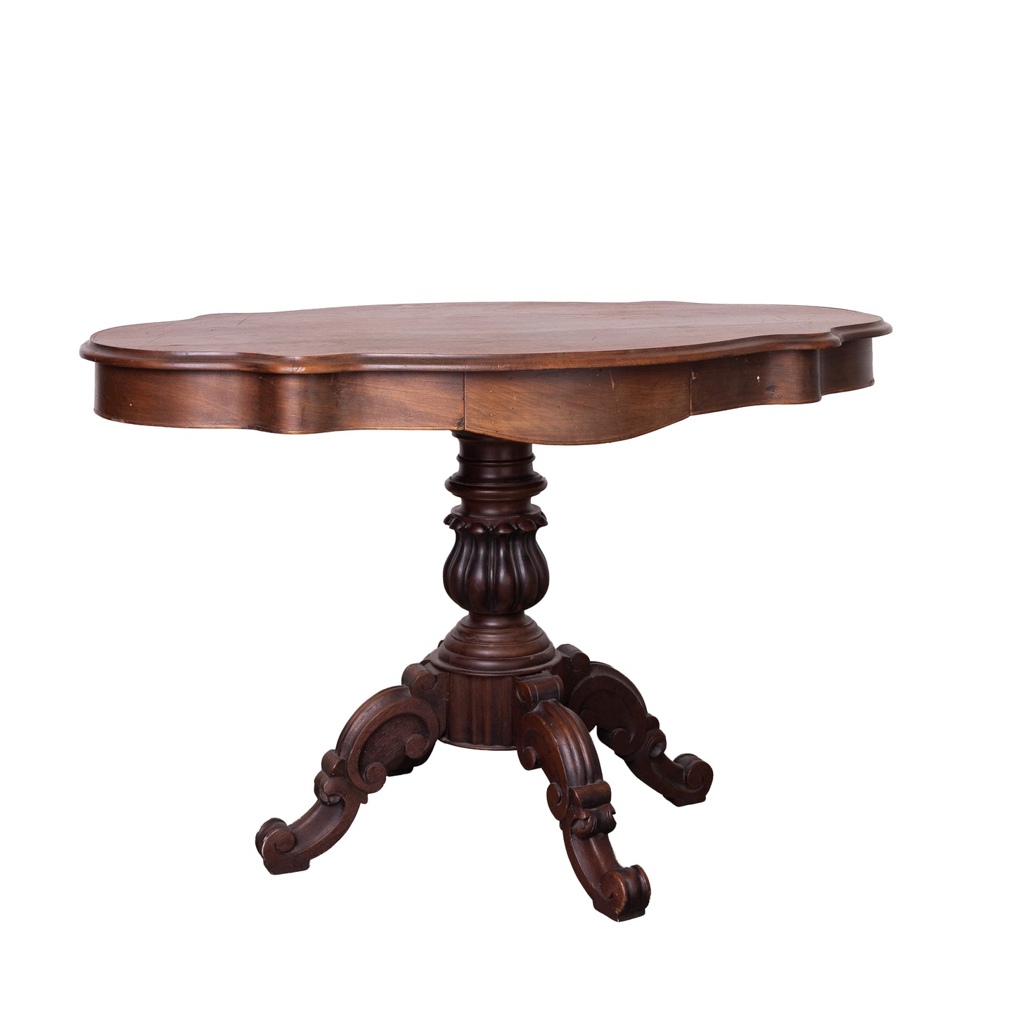 Antique French Walnut Gueridon pedestal table with scalloped edges and decorative pillar from Lyon