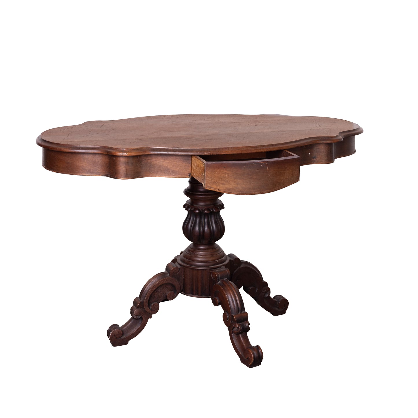 Antique French Walnut Gueridon pedestal table with scalloped edges and decorative pillar from Lyon