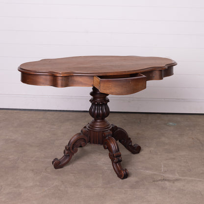 Antique French Walnut Gueridon pedestal table with scalloped edges and decorative pillar from Lyon