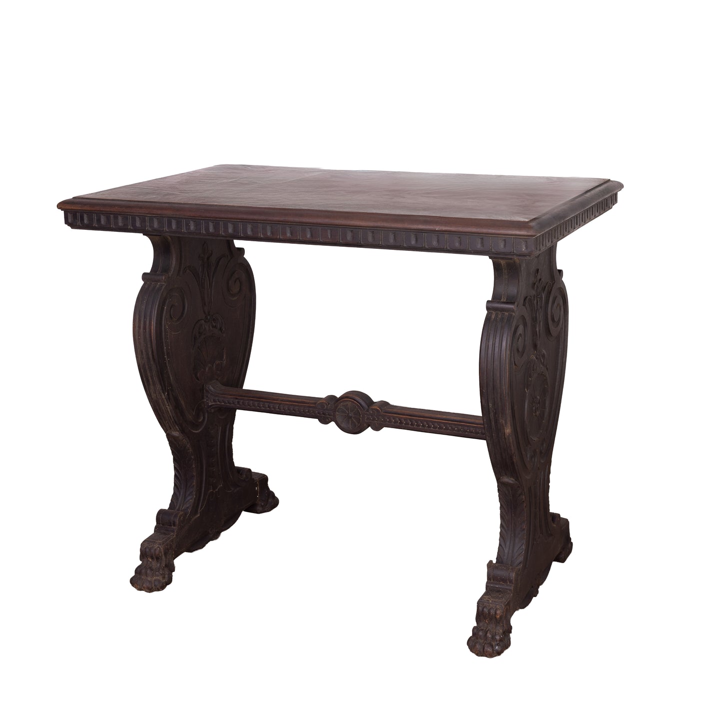 Beautiful 18th century hall console table from a chateau in the Alps with decorative carvings and detailed stretcher base