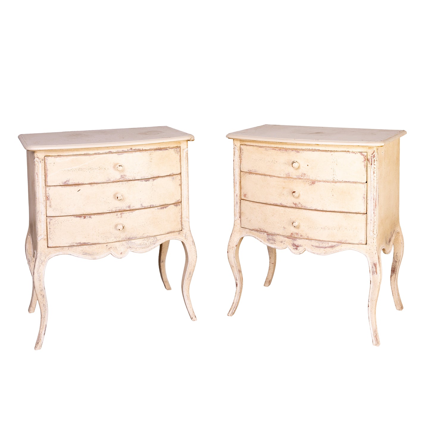 Pair of Vintage French bedside tables from a 5* Hotel in Courchevel with a cream patina
