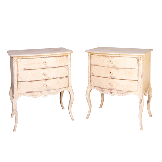 Pair of Vintage French bedside tables from a 5* Hotel in Courchevel with a cream patina
