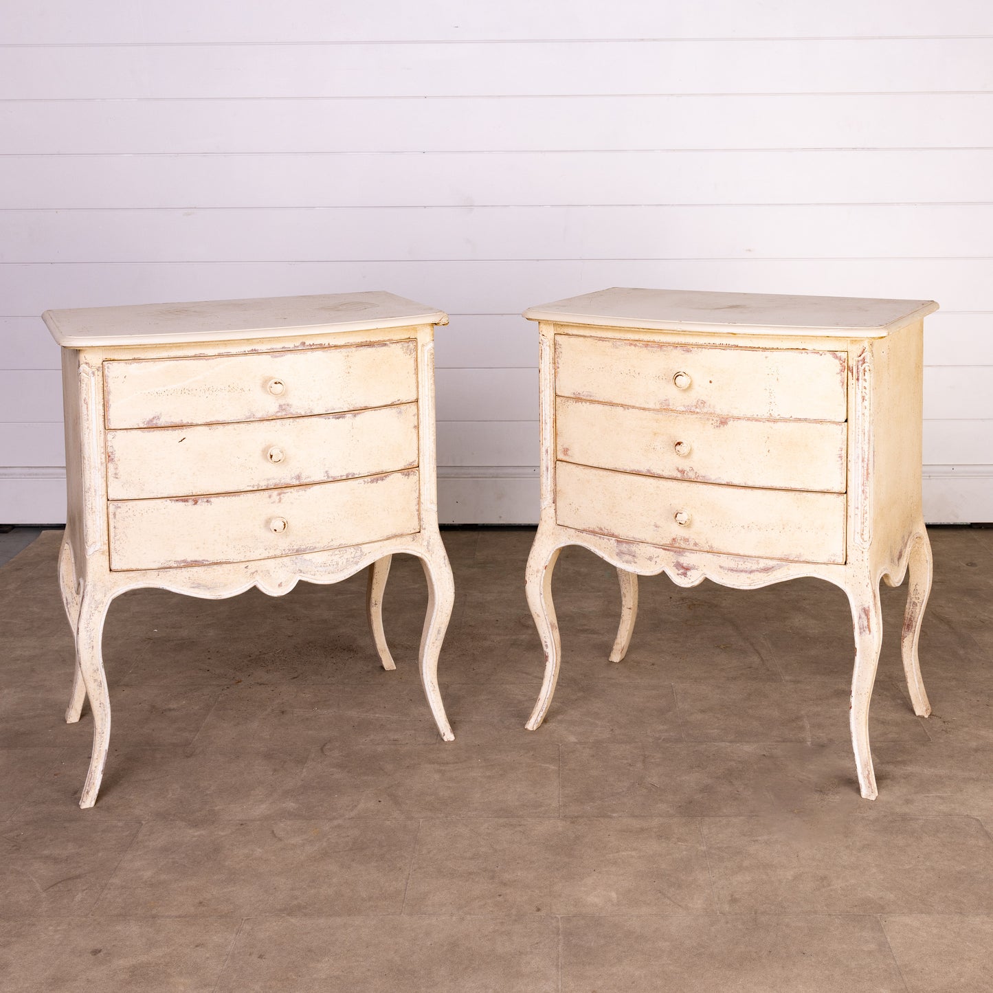 Pair of Vintage French bedside tables from a 5* Hotel in Courchevel with a cream patina