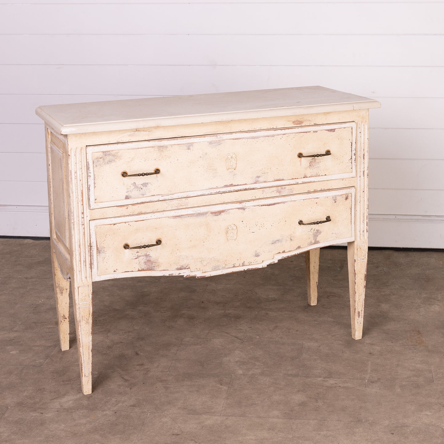 Vintage French two drawer commode from a 5* Hotel In Courchevel with a cream patina