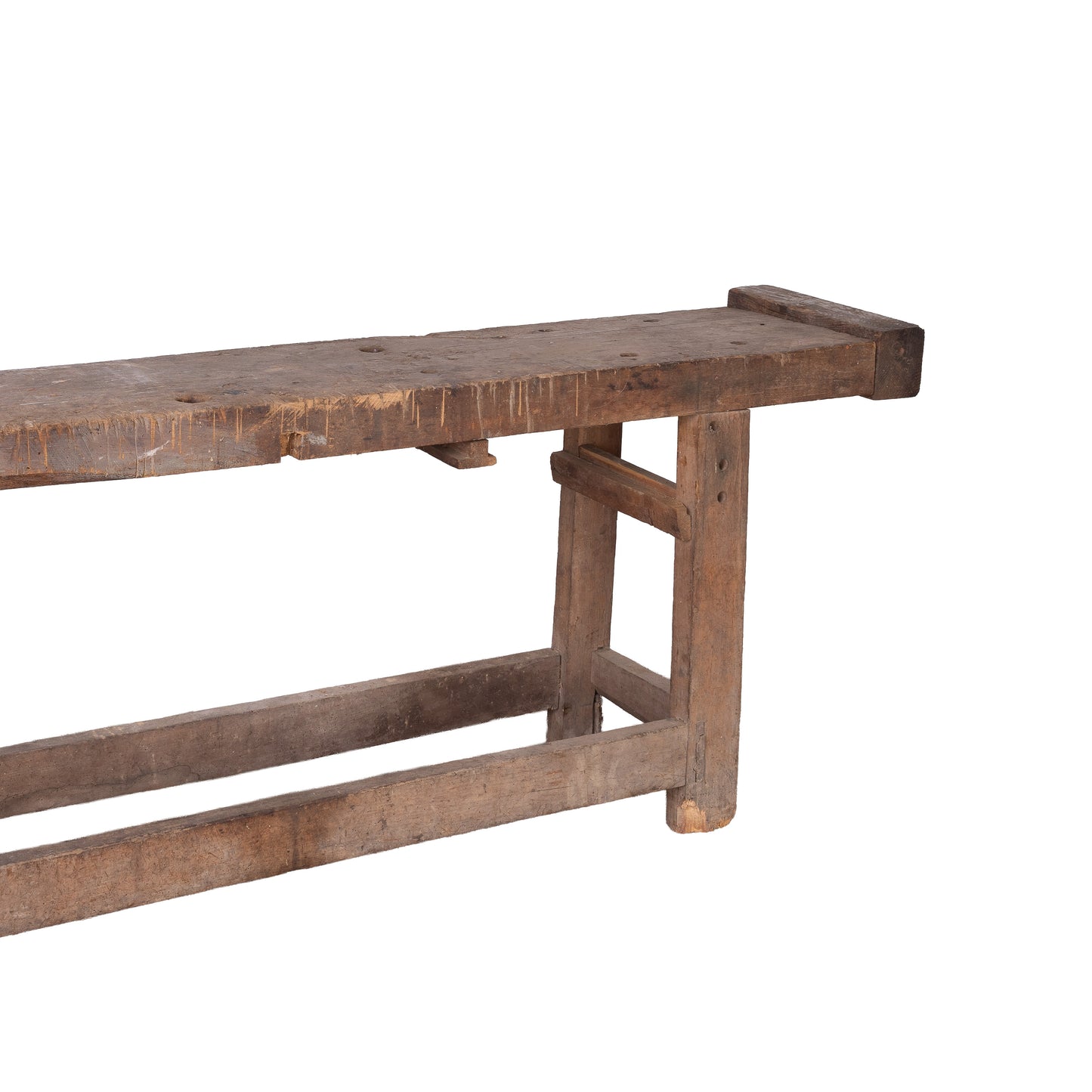 Antique French rustic 'Etabli' Workbench with vice and storage from a chateau workshop in the French Alps