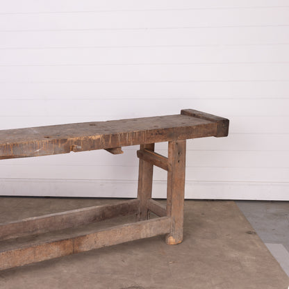 Antique French rustic 'Etabli' Workbench with vice and storage from a chateau workshop in the French Alps