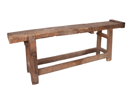 Antique French rustic 'Etabli' Workbench with vice and storage from a chateau workshop in the French Alps