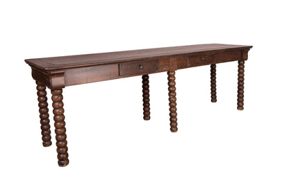 Impressive solid walnut console table with bobble legs and two drawers from Lyon