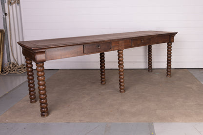 Impressive solid walnut console table with bobble legs and two drawers from Lyon