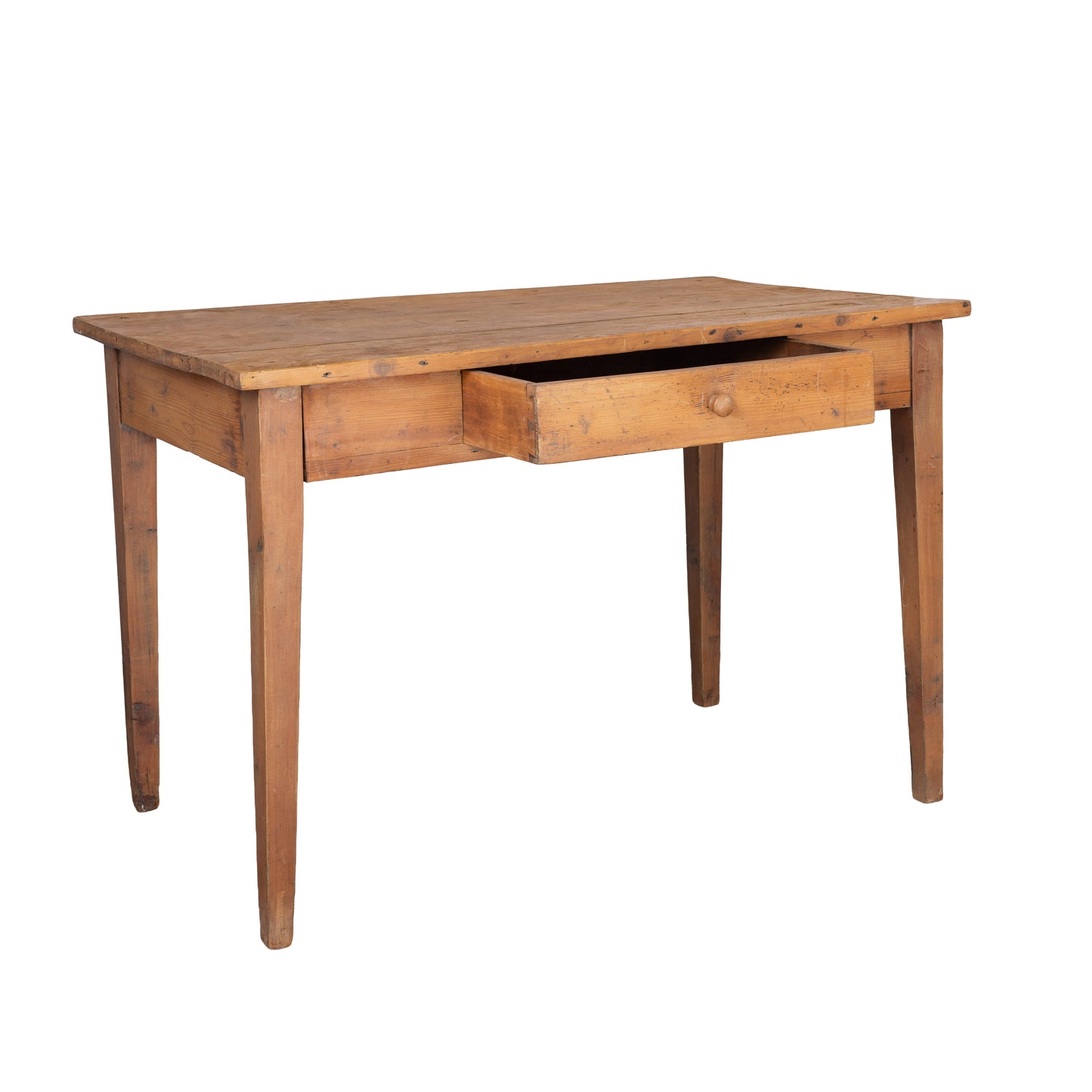 Lovely vintage French Pine dining table or desk with tapered legs and central drawer from the Alps