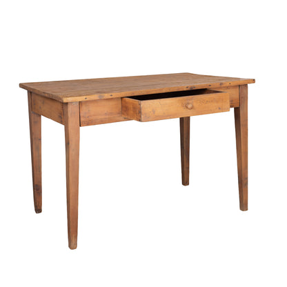 Lovely vintage French Pine dining table or desk with tapered legs and central drawer from the Alps