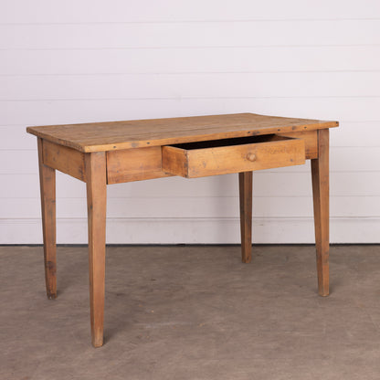 Lovely vintage French Pine dining table or desk with tapered legs and central drawer from the Alps