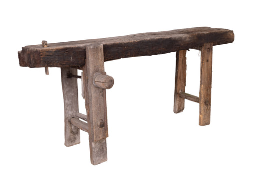 Antique French rustic 'Etabli' Workbench with vice and storage from a chateau workshop in the French Alps