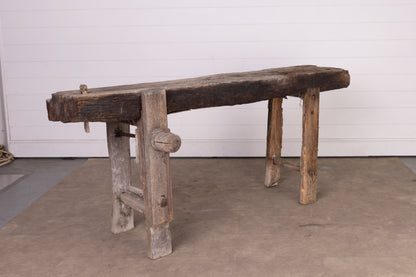 Antique French rustic 'Etabli' Workbench with vice and storage from a chateau workshop in the French Alps