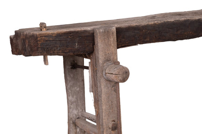 Antique French rustic 'Etabli' Workbench with vice and storage from a chateau workshop in the French Alps