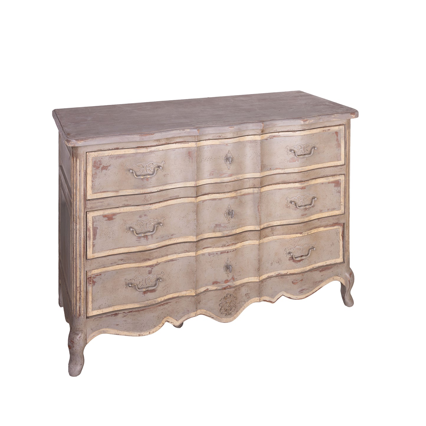 Antique French three drawer commode from Provence with a grey patina