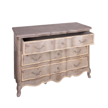 Antique French three drawer commode from Provence with a grey patina