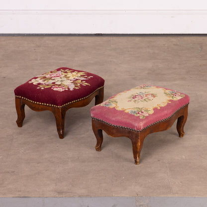 Pair of dainty cross-stitch upholstered foot stools with floral designs from Provence