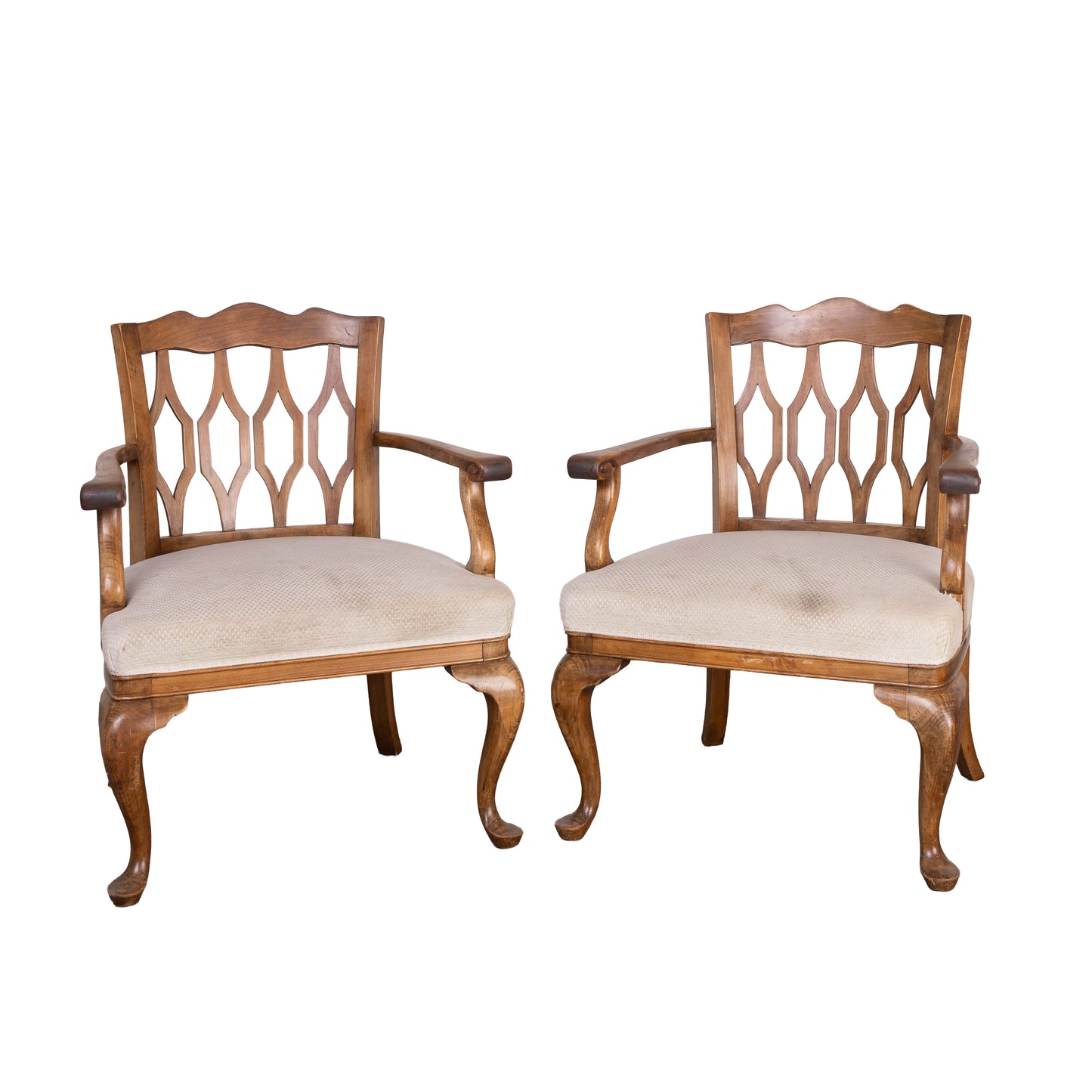Gorgeous pair of lattice back cream upholstered armchairs from L’Isle-sur-la-Sorgue, Provence