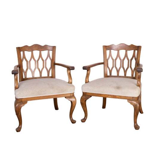 Gorgeous pair of lattice back cream upholstered armchairs from L’Isle-sur-la-Sorgue, Provence
