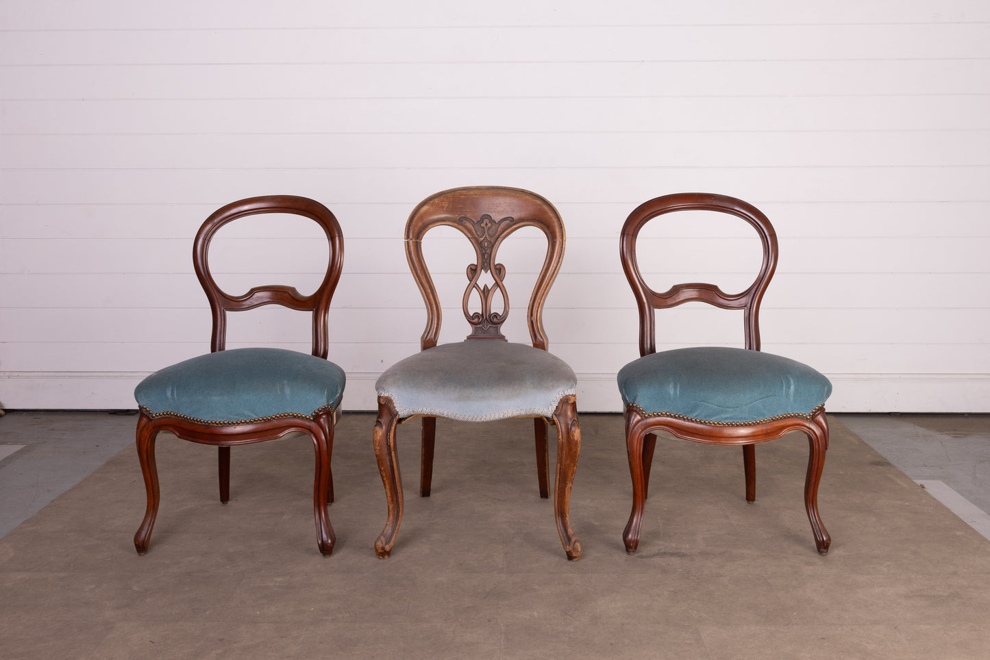 Set of 3 upholstered dining chairs in blue upholstery from Annecy