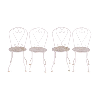 Set of 4 Vintage French outdoor wrought iron armchairs with a white patina