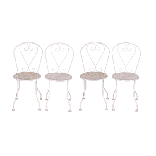 Set of 4 Vintage French outdoor wrought iron armchairs with a white patina