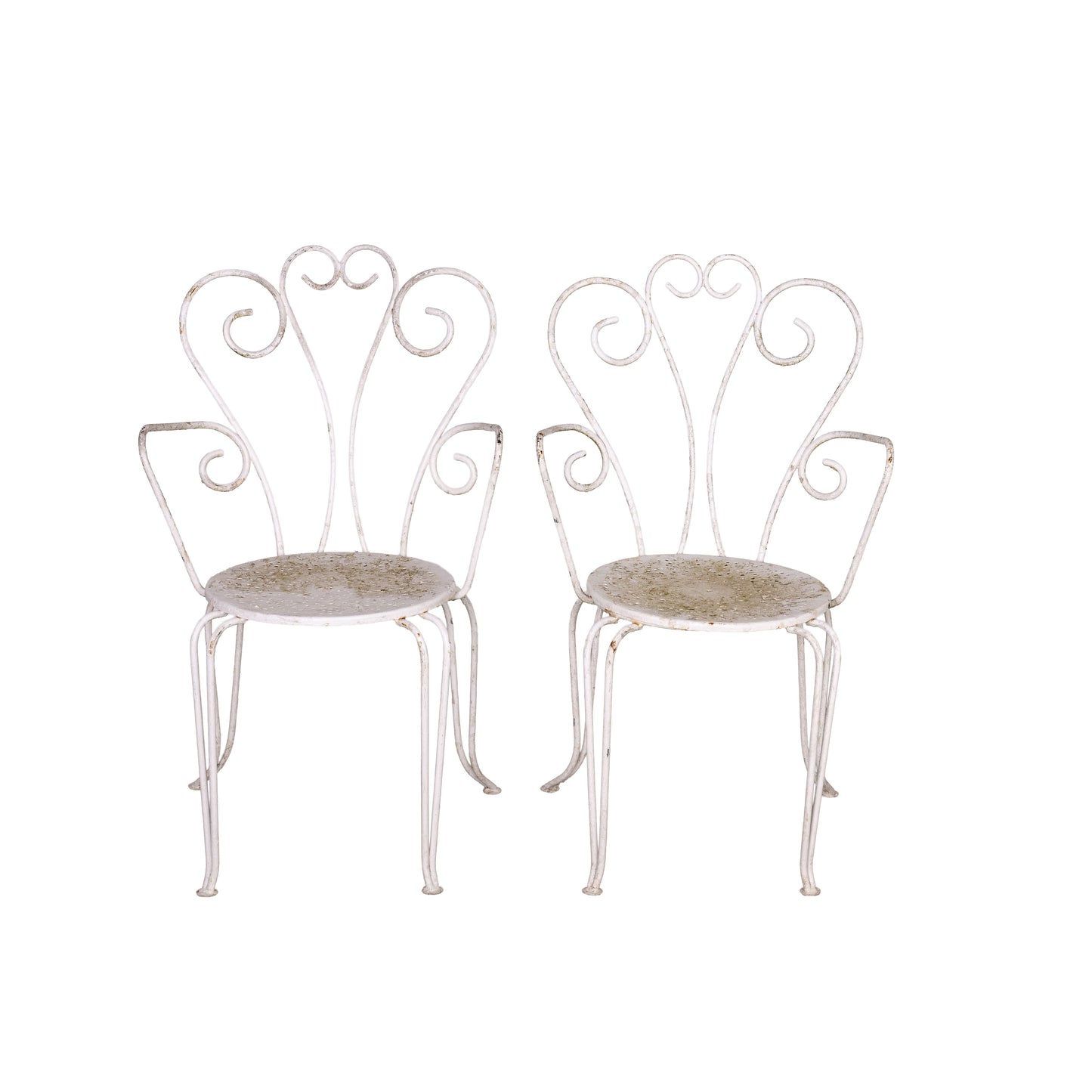 Pair of Vintage French outdoor wrought iron armchairs with a white patina