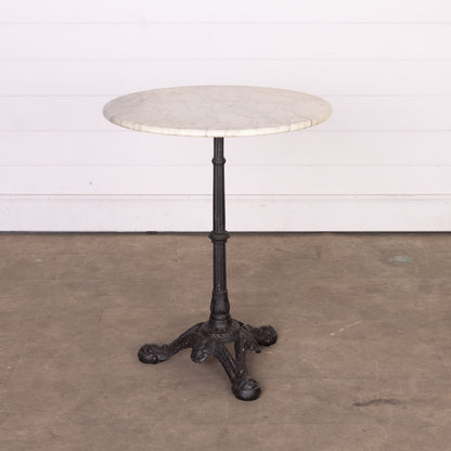 Vintage French outdoor Marble top bistro table with wrought iron base from L’Isle-sur-la-Sorgue
