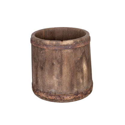 Beautiful impressive solid timber open barrel with metal bracing from a chateau garden near Annecy