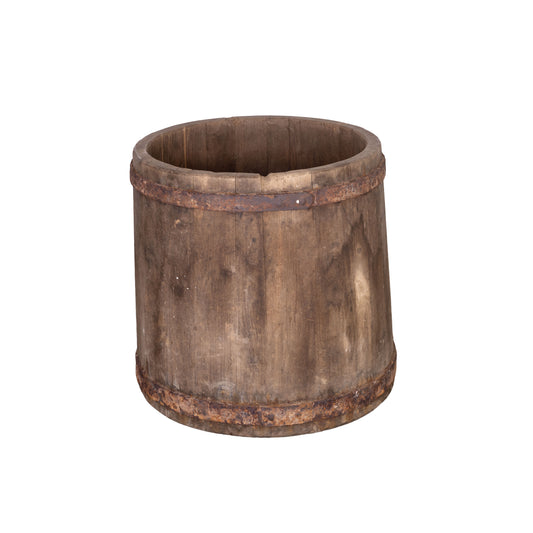 Beautiful impressive solid timber open barrel with metal bracing from a chateau garden near Annecy