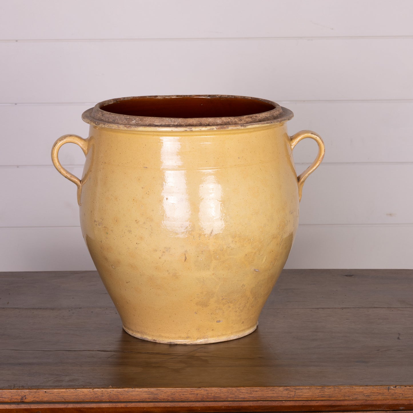 Impressive beautiful antique French yellow glazed confit pot from Provence
