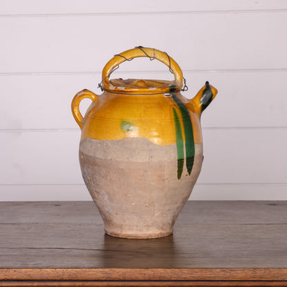 Collectible part-glazed yellow confit pot from Ile Sur la Sorgue
