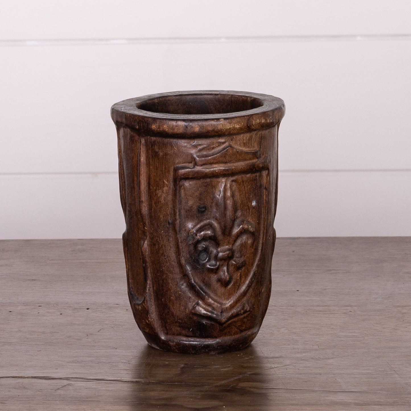 Antique French Timber vessel from the haute Savoie with 'Mascaron' carving. Amazing to hold a thick candle or a small vase of flowers