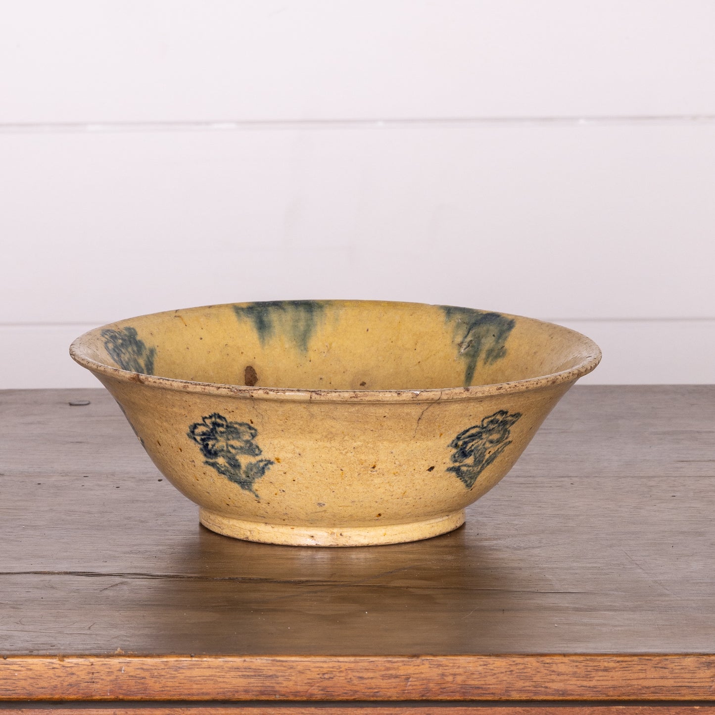 Beautiful early 19th Century Provincial Terracotta large hand-thrown bowl with yellow and green patterned glaze