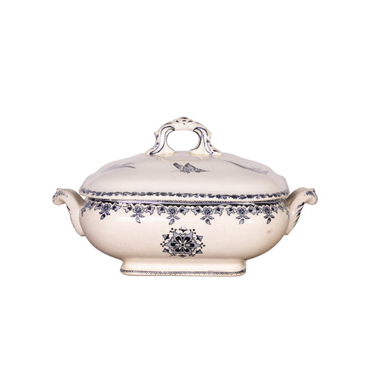Antique French Blue and White square serving tureen with birds, butterflies and floral motifs