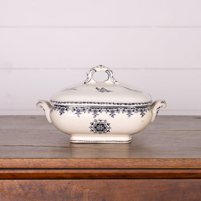 Antique French Blue and White square serving tureen with birds, butterflies and floral motifs