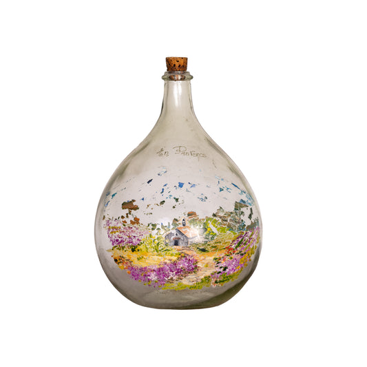 Vintage French clear blown glass Demijohn winemakers bottle from Provence with Painted country scene