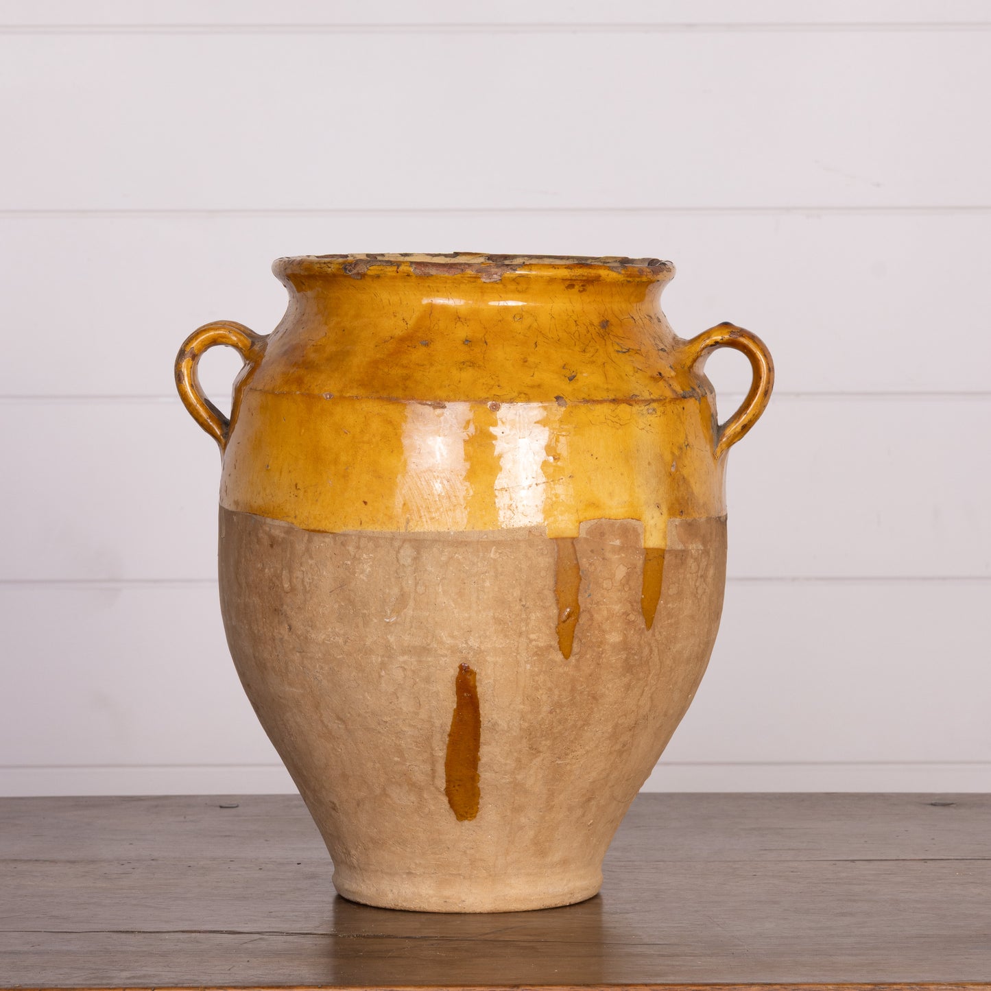 Collectible part-glazed yellow confit pot from Ile Sur la Sorgue