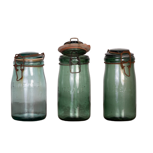 Set of 3 charming green glass storage jars from Provence