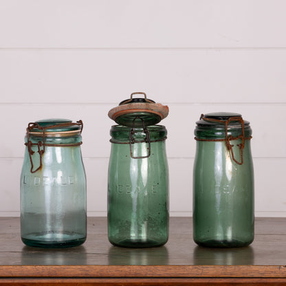 Set of 3 charming green glass storage jars from Provence