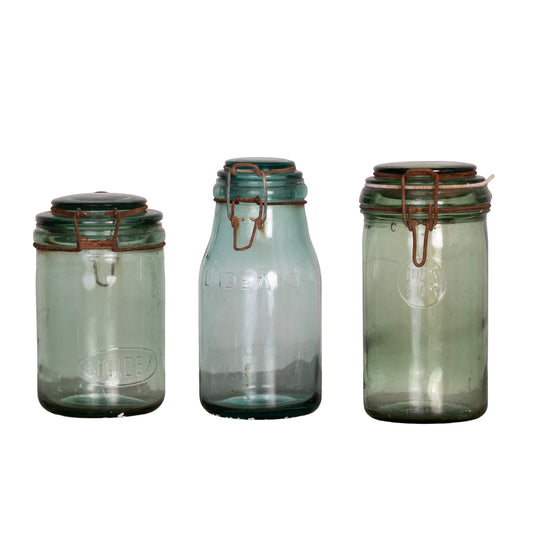 Set of 3 charming green glass storage jars from Provence