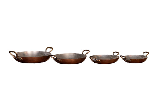 Set of 4 stackable shallow copper serving pans with brass handles from Provence