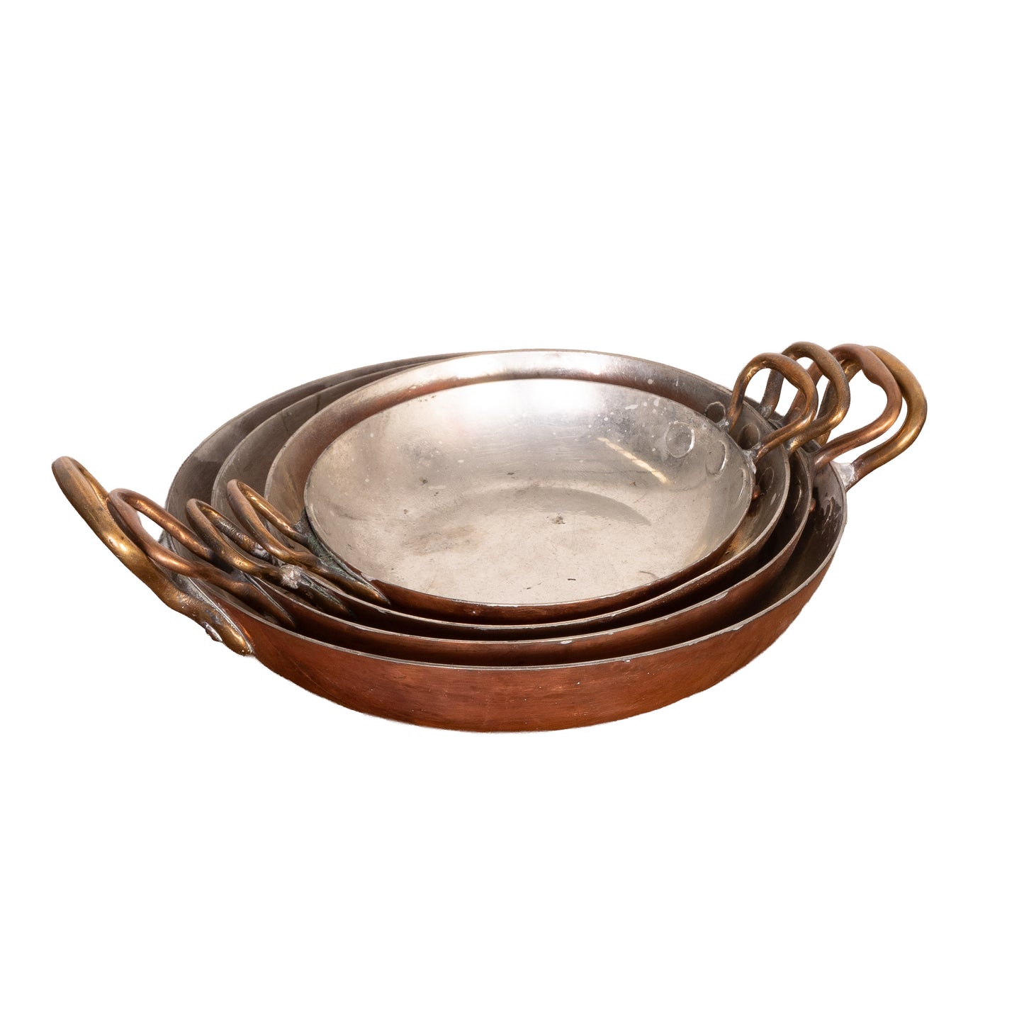 Set of 4 stackable shallow copper serving pans with brass handles from Provence