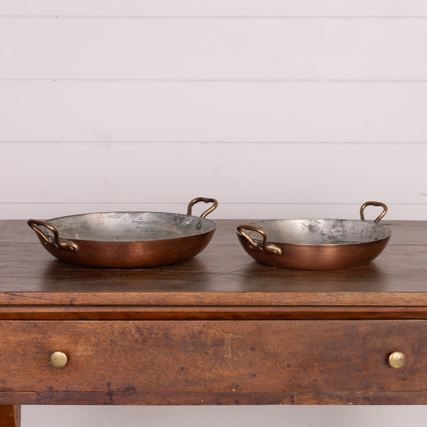 Pair of stackable Vintage French oval copper shallow pans from Provence - ideal for serving sushi or oysters
